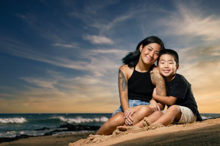 Sunset, family portrait at Sand Island Beach Park.