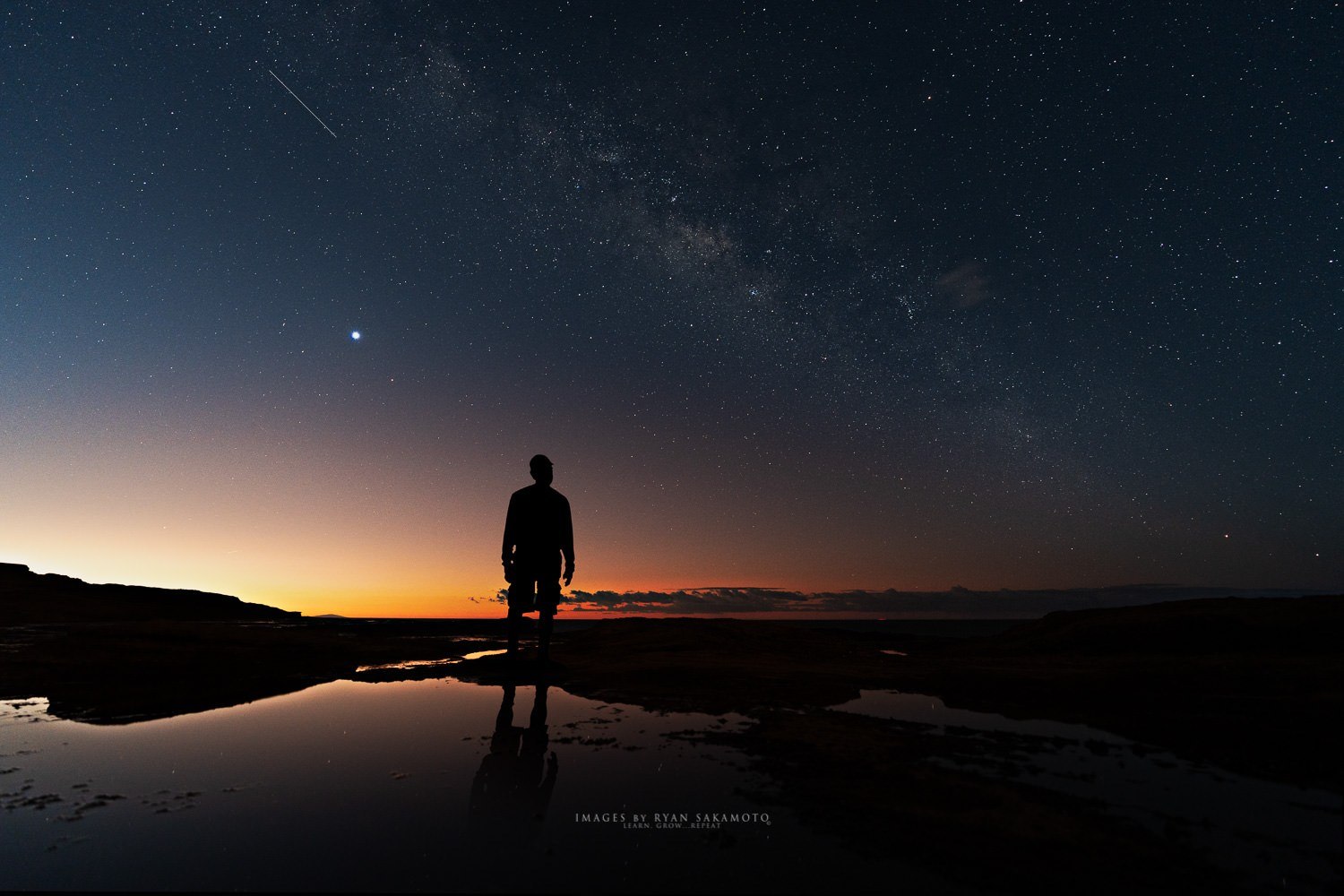 Sunrise sillouette self portrait with the Milky Way.