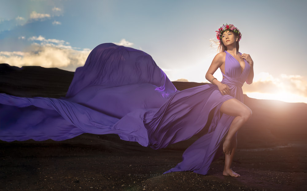 Honolulu, sunrise photo session with the beautiful Tiffany wearing a HiFlyingDress. 